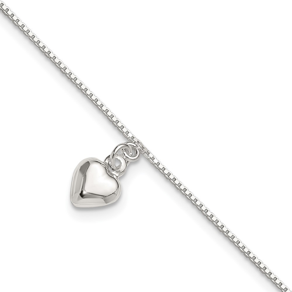 925 Sterling Silver 10inch Polished Puffed Heart Charm Summer Jewelry Anklet